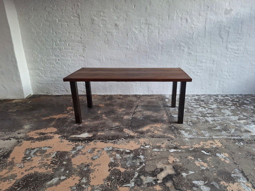 Table de salle à manger brutaliste en teck et acier patiné, années 1960