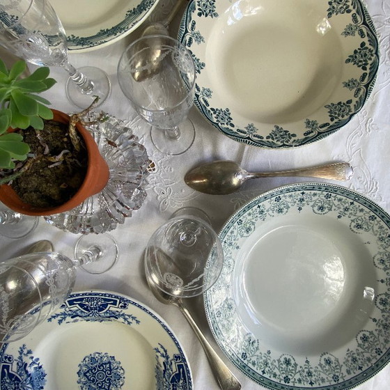 Image 1 of Set of 6 mismatched earthenware soup plates, antique Sarreguemines faience, Choisy le Roi, Longwy, Moulin des Loups