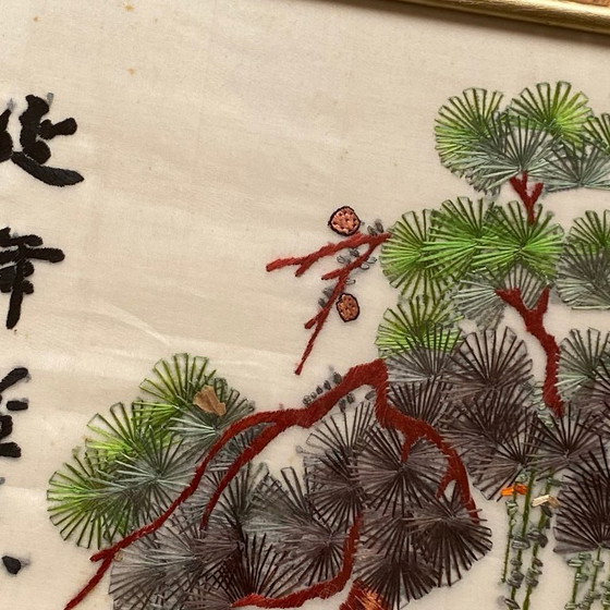 Image 1 of Vintage Asian antique embroidery picture of a stork and bird