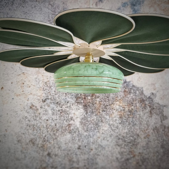 Image 1 of Lampada a sospensione a forma di fiore in rattan e lino color verde abete – Artisan Lighting
