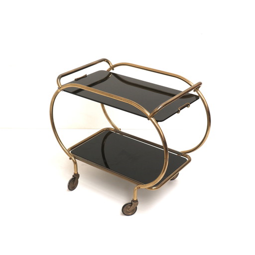 Brass and black glass bar cart / serving trolley / side table by Grünstadt