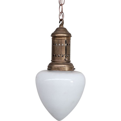 Vintage messing en opaline glazen hanglamp, Frankrijk 1930