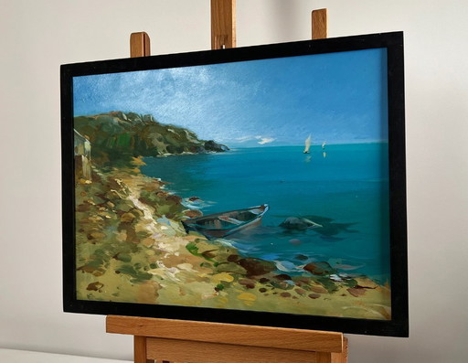 Pintura al óleo original: Paisaje costero marino a través de la inmensidad del mar.