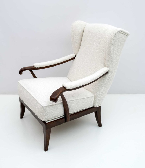 Image 1 of Paolo Buffa Mid-Century Modern Italian Walnut and Coating Boucle Armchair, 1950s