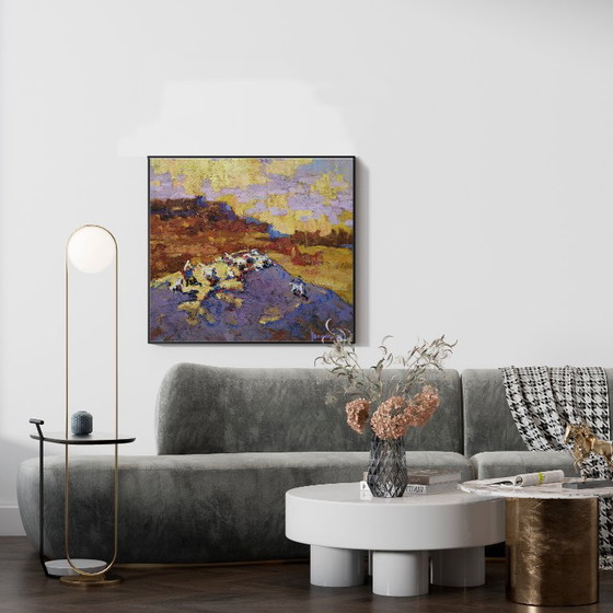 Original Oil Painting Countryside Hills Pasture Evening Landscape, Paintings & Drawings, Canvas, Orange (photo 2 of 11)
