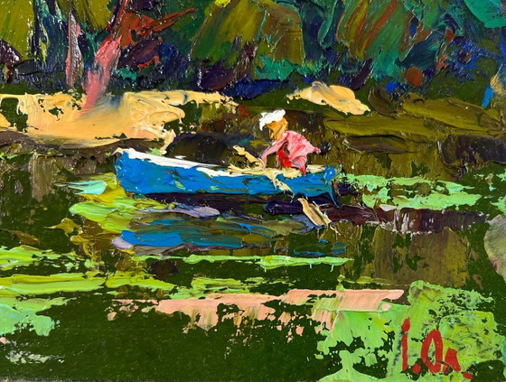 Image 1 of Original Oil Painting Summer River Landscape Calm on the water