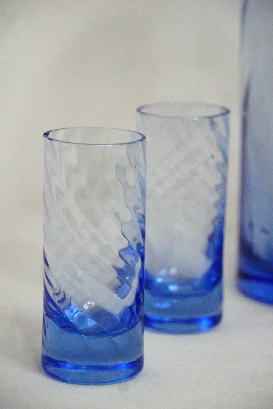 Image 1 of Vintage Blue Glass Decanter Set with 4 Shot Glasses