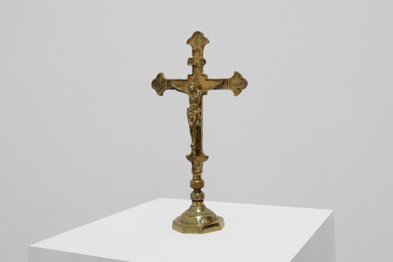 Image 1 of French Antique Catholic Alter or table Crucifix in cast copper, 1900s