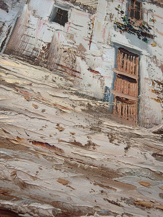Atmospheric Village Scene, Oil on panel, Signed 'Pascual', Includes classic wooden frame, Art, Canvas, Beige (photo 7 of 9)