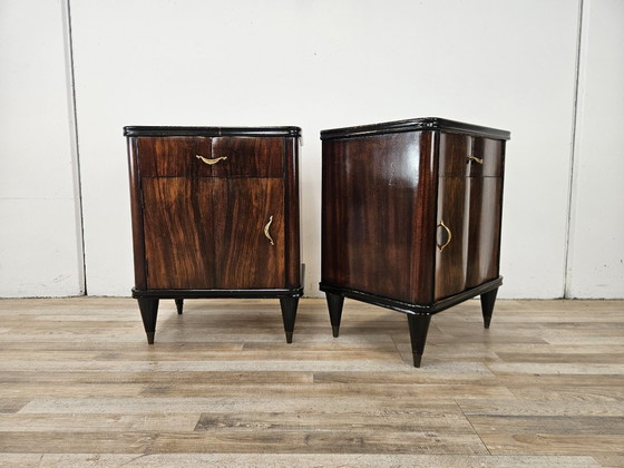 Coppia di comodini in mogano anni '50 con anta e cassetto, Legno, Metallo, Marrone, Vintage (foto 2 di 15)