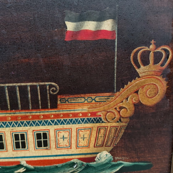 Image 1 of Deux magnifiques navires peints à l'huile sur de vieilles planches de bois.