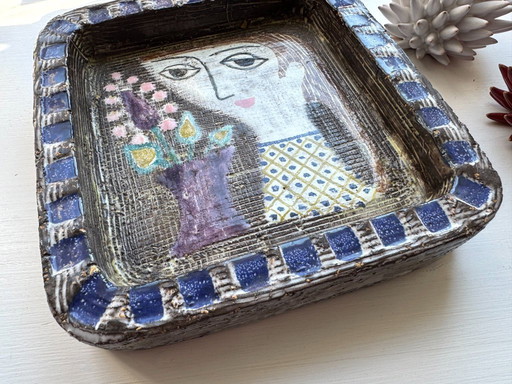 Mari Simmulson Bowl Upsala Ekeby Sweden, Ceramic, Chamotte, Eclectic, Face Illustration, Art Pottery, Vintage Handmade 1960S