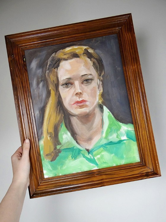 Image 1 of Vintage portrait "The Woman in Green", oil on canvas board, wooden frame