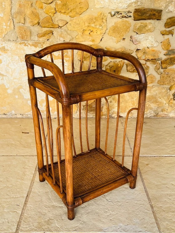 Image 1 of Mid-Century, Two-Tiered, Bamboo & Wicker Nightstand 1970s