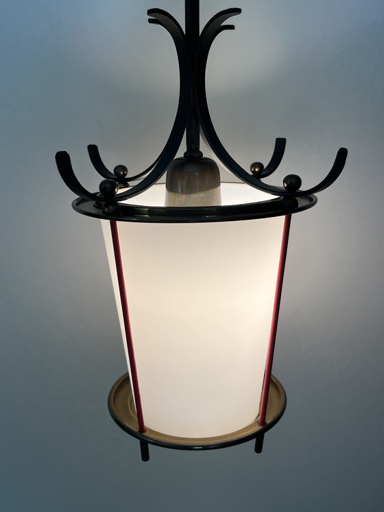 Image 1 of Unique Italian vintage pendant lamp | 1950s | Wrought iron, brass & opaline glass