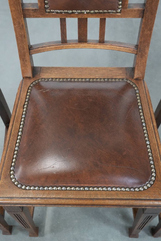 Image 1 of 4 x Antique Oak Dining Chairs in Art Nouveau Style with Cognac-Colored Cowhide Leather