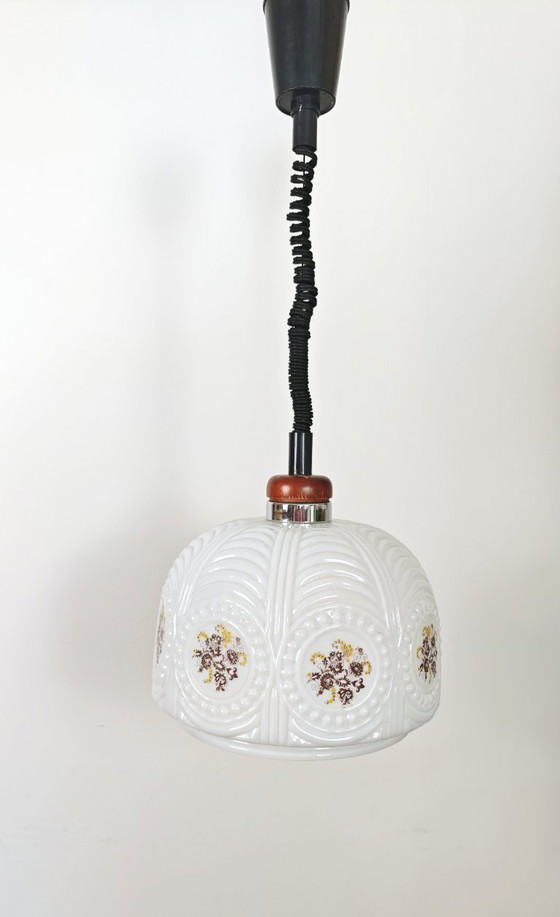 Image 1 of Vintage country-style kitchen pendant light from the 1970s, Yugoslavia, floral opal glass, hanging lamp, retro chandelier with p