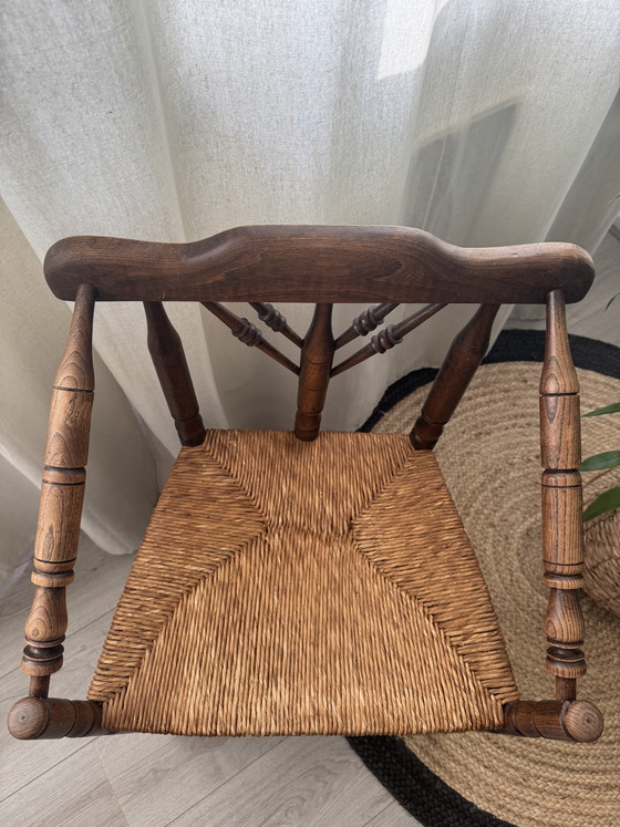 Image 1 of Unieke Vintage houten Stoel met Biezen Zitting