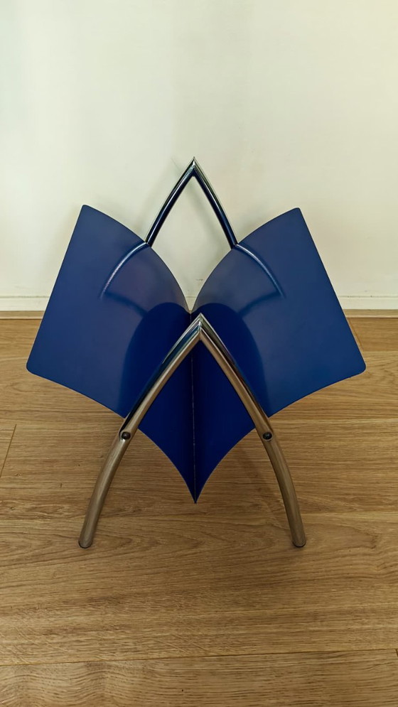 Postmodern Vintage Lectuurbak Chroom / Blauw – Tijdschriftenrek, Iron, Chrome (photo 3 of 8)