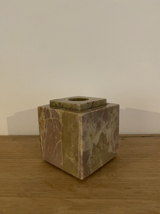 Image 1 of Sturdy vintage marble candlestick in cube shape.