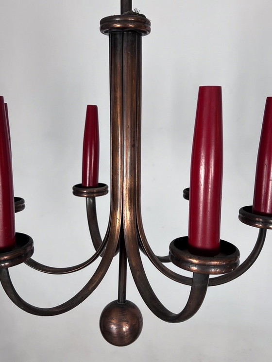 Image 1 of Lampadario in rame a sei bracci, stile Mid-Century Modern, in stile Gio Ponti. Italia, anni '50.