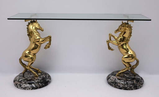 Mid-Century Modern Italian Brass Horses and Marble bases Console Table, 1970s