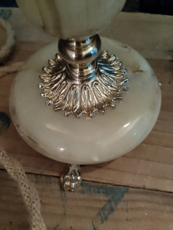 Image 1 of Lampe im neoklassizistischen Stil aus Bronze und echtem Onyx, vollständig elektrifiziert mit einem geflochtenen Leinenkabel