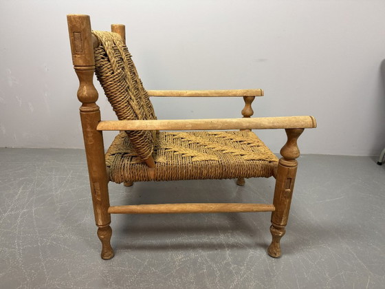 Image 1 of Charlotte Perriand Style Beech Wood Easy Chair with Sisal Rope Wickerwork, 1960s.