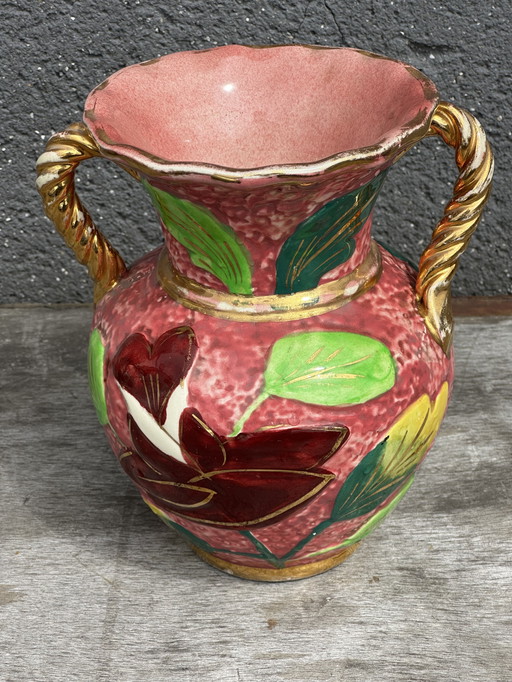 Beau Vase Vallauris Rose Bonbons et Motifs Floraux H 20 cm