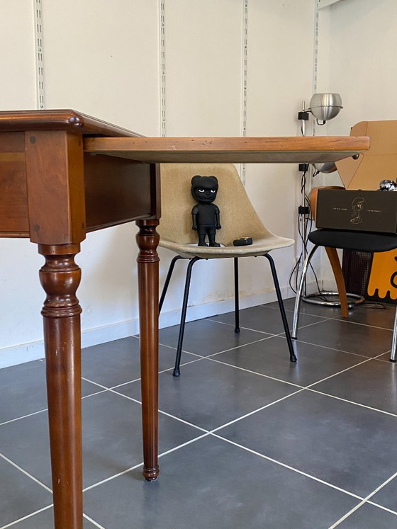 Image 1 of Bureau ancien merisier et marqueterie 2 tiroirs et 2 tablettes 112x60 h76cm