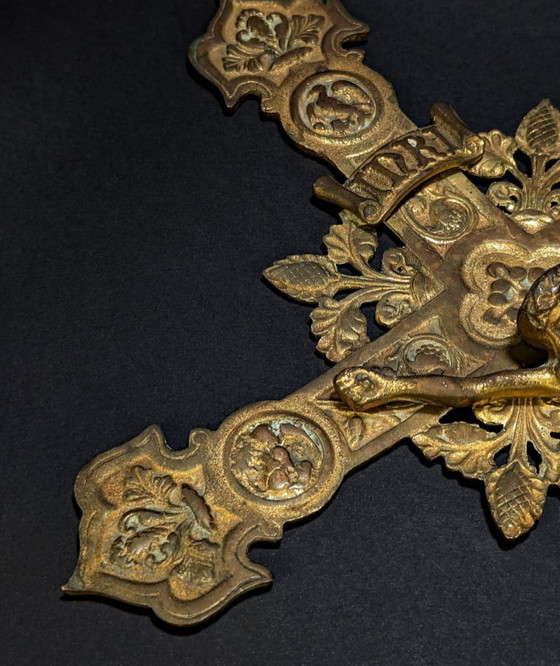 Crucifijo antiguo de bronce de gran tamaño – Cruz neogótica ornamentada – 45 cm – 1,54 kg (photo 5 of 12)