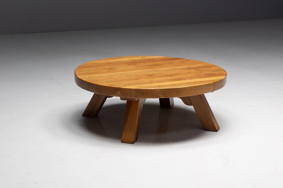 Image 1 of Brutalist Oak Round Coffee Table, France, 1950s