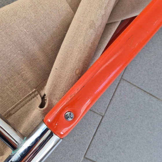 Image 1 of Poltrona pieghevole vintage giapponese, anni '70, in acciaio cromato e arancione e tela di iuta.