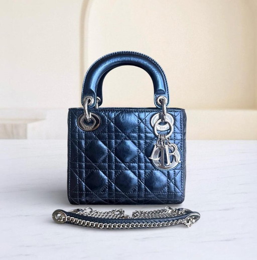 DIOR LADY MINI - PELLE DI VITELLO LUCIDA CANNAGE, BLU METALLIZZATO, FERRAMENTA ARGENTO