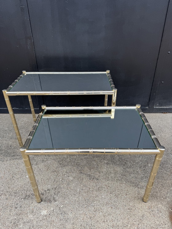 Image 1 of Nesting tables in gold-tone metal, bamboo, and mirror, 1970s style