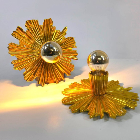 Image 1 of Set di due bellissime lampade solari placcate in oro degli anni '40/'50, lampade da parete di metà secolo