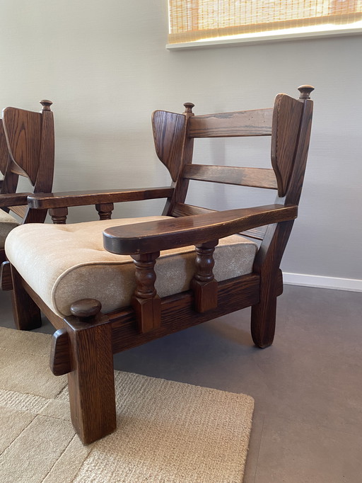 Vintage Set of Oak Brutalist Armchairs