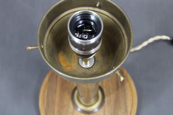 Image 1 of 1940s Restored Brass Table Lamp with Wooden Base and Glass Shade