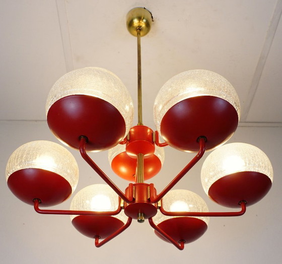 Image 1 of stunning 1960s 70s mid century modern CHANDELIER, red metal and brass, 9 crackle glass shades