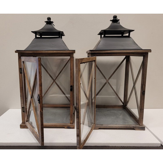 Image 1 of Pair of vintage candlesticks in wood and wrought iron, France