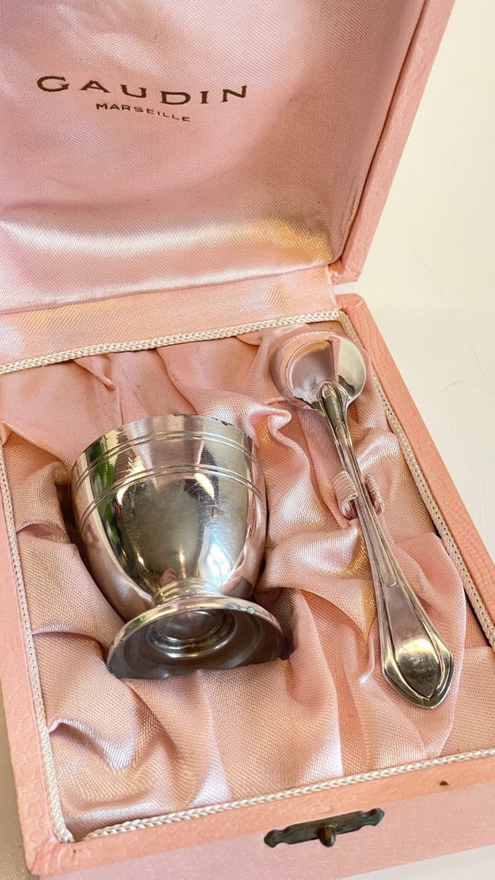 Image 1 of Vintage Silver-Plated Metal Egg Cup and Spoon for Birth