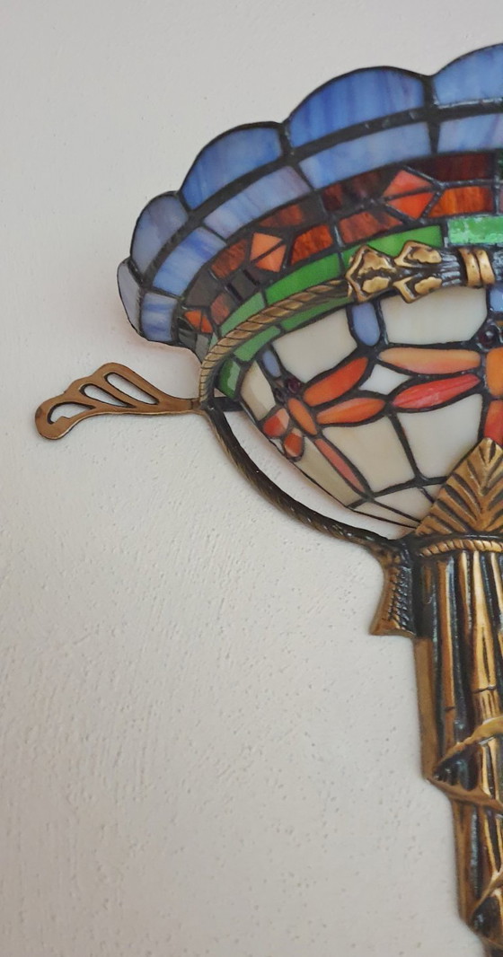 Image 1 of Unieke oude tiffany / glas in lood wandlamp met Dragonfly's