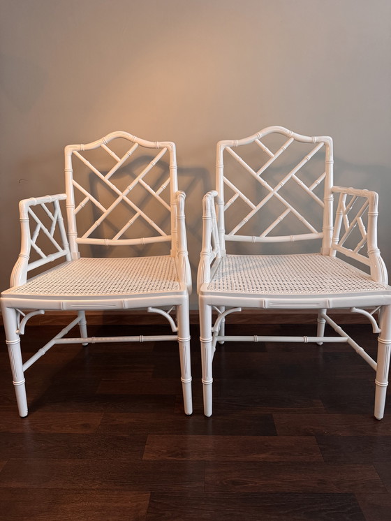Image 1 of 2x white Chippendale Faux Bamboo Jonathan Adler armchair