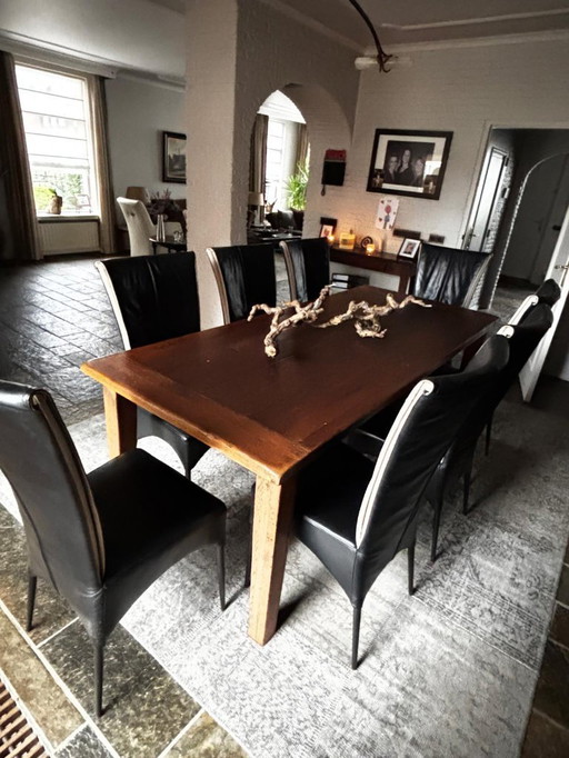 Set van 8 Luxe Designer Eetkamerstoelen - Zwart Kalfsleer met Beige Accent