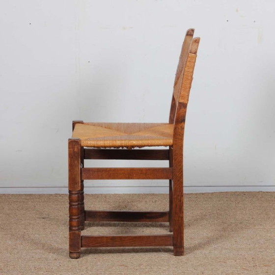 Image 1 of Set of 6 straw-seated wooden chairs, French work, 1950