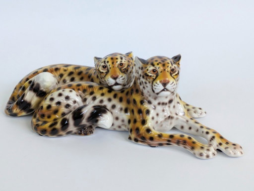 Large Italian Midcentury Porcelain Leopard Pair Sculpture Hollywood Regency Ronzan Style
