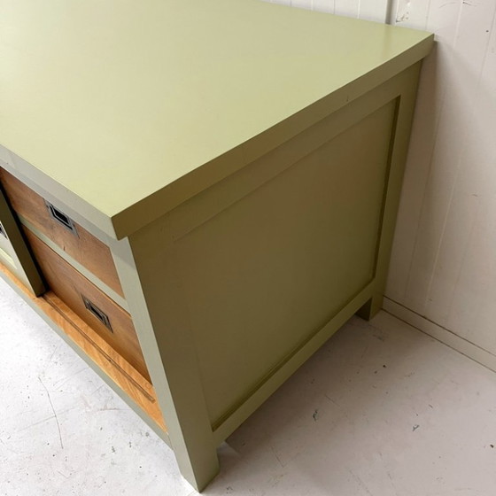 Image 1 of Restyle massief teakhout TVkast meubel dressoir olijfgroen