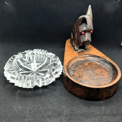 Vintage Black Forest wood carving dog and crystal ashtray.