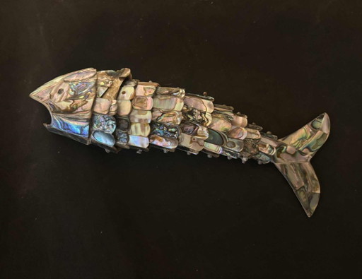 Bottle Opener Articulated fish Mexican Vintage Mother Of Pearl Abalone collectible barware MCM