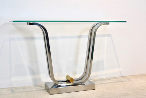 Consola Minimalista Curvilínea de Acero Inoxidable, Latón y Cristal